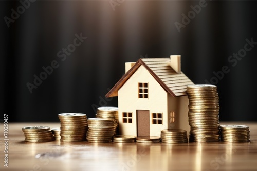 Coins and a house are on a table representing property investment and house mortgage