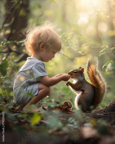A little child feeds a squirrel with a nut. Cute little boy feeding squirrel at summer park photo
