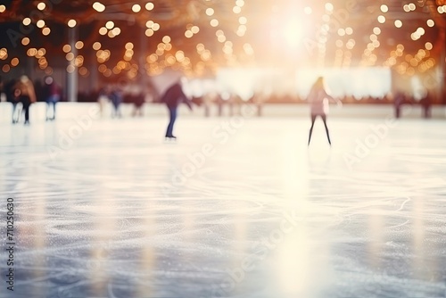 Conceptual empty space with blurred indoor ice skating rink and people ready for your text