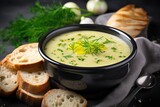 Creamy leek soup a comforting vegetarian dish on a bright grey backdrop