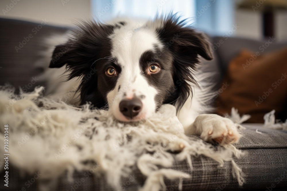 Adorable border collie puppy shedding fur on couch during seasonal molt at home Adorable border collie puppy shedding fur on couch during seasonal molt at home