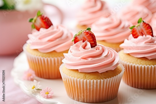 Cupcakes with strawberry cream cheese frosting swirled photo