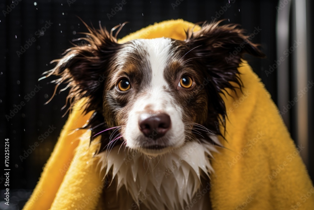 Damp dog yellow towel pet care grooming