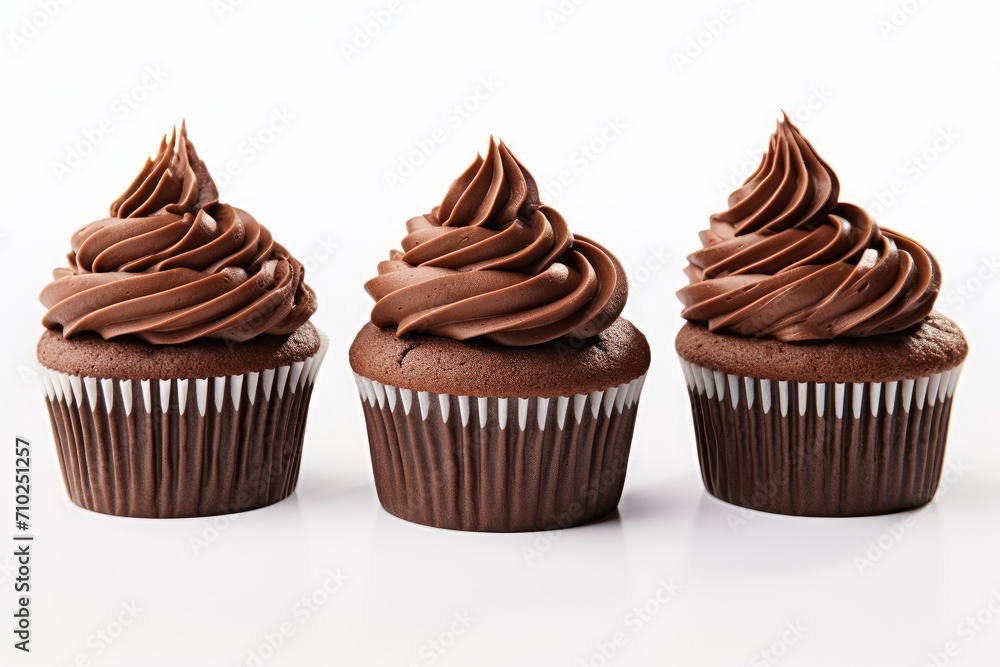 Delicious chocolate cupcakes on a plain white surface Delicious chocolate cupcakes on a plain white surface