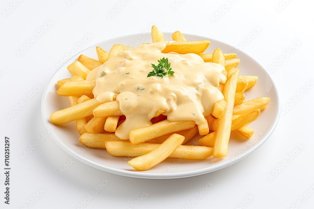 Delicious fries with cheese sauce on white background Delicious fries with cheese sauce on white background