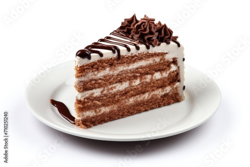 Delicious chocolate cake perfect for coffee breaks presented on a white background