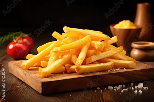 Delicious fries on wooden table on cutting board background