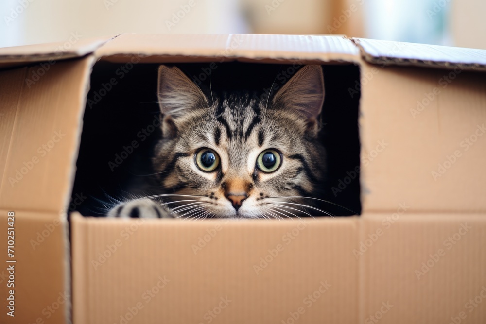 Adorable gray tabby feline inside a box on the home floor