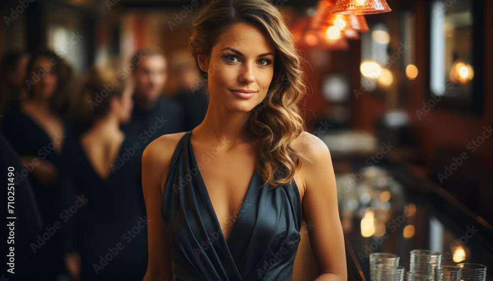Young woman smiling, looking at camera in nightclub generated by AI