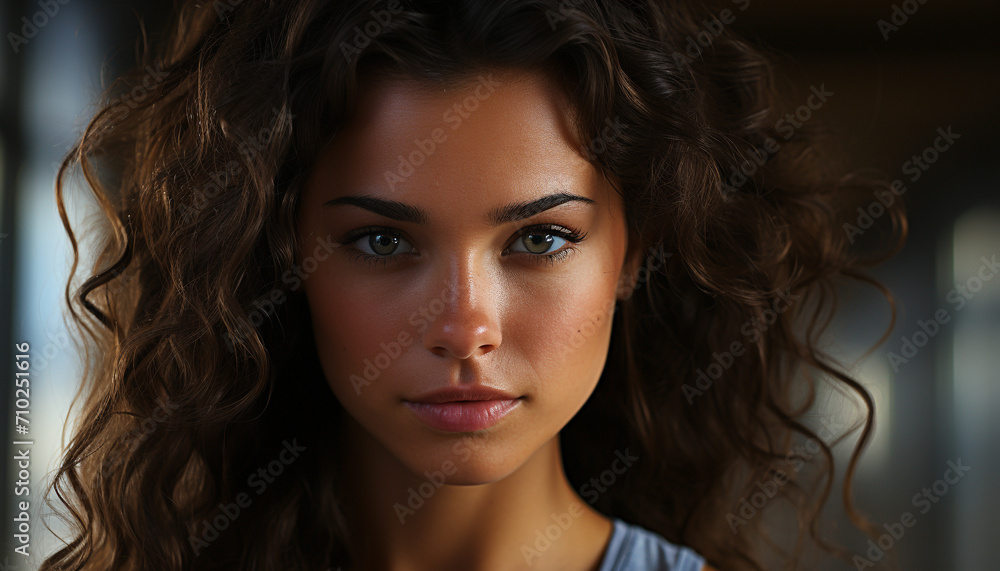Beautiful woman with curly brown hair looking at camera generated by AI Beautiful woman with curly brown hair looking at camera generated by AI