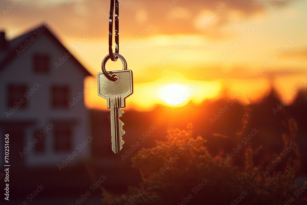 Dreaming of a new house mortgages renting and buying real estate defines the figure of a house silhouette with a keychain against the sunset backdrop - obrazy, fototapety, plakaty 