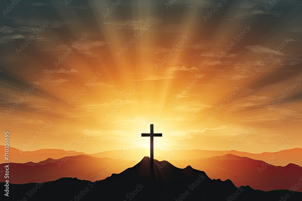 Easter symbol with silhouette on sunset Calvary