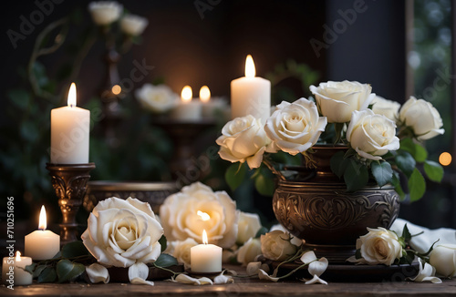 candle and white rose dining table setting for romantic dinner on valentine