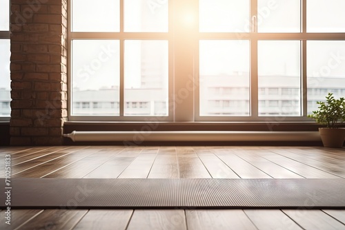 Empty yoga class room with wooden floor big windows and white brick walls