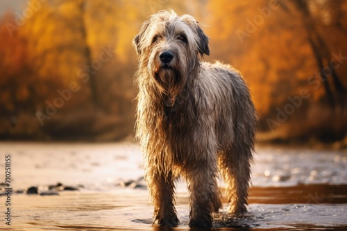 Enormous Irish wolfhound stands by river with blurry fall backdrop