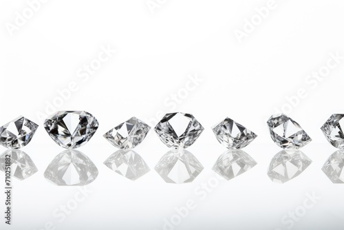 Expensive cut diamonds on white background with reflections on the ground ample blank space