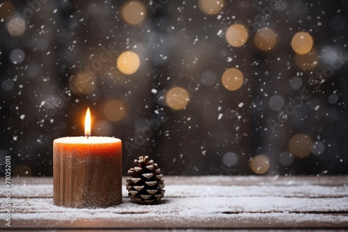 Festive atmosphere with snow wood and elegant candle photo