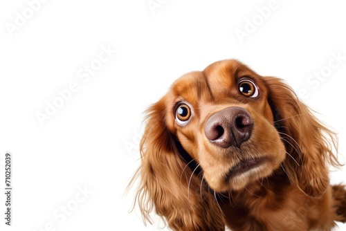 Fish eye studio photo of a gorgeous English cocker spaniel s muzzle gazing at the camera on a white backdrop Depicting pets motion and the love of anima photo