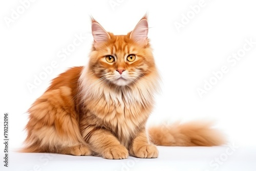 Flawless majestic Maine Coon cat sitting isolated on white Domestic animal pet love care concept Ad space available
