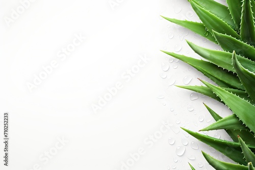 Fresh aloe vera leaves on light background with empty space for text in a flat lay arrangement