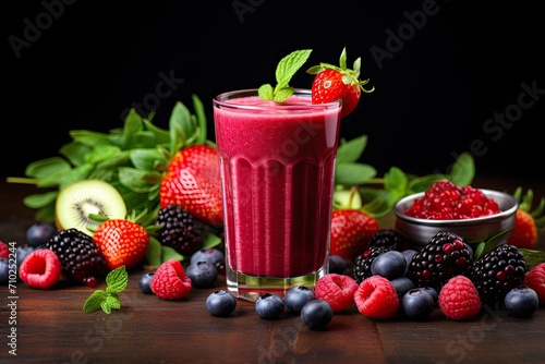 Fresh and homemade fruit beverage with berries and vegetables promoting a healthy diet and vegan lifestyle packed with vitamins