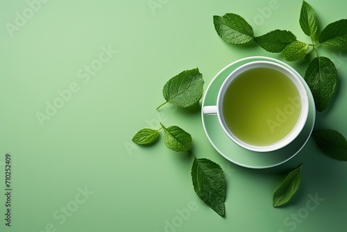 Fresh green tea cup with light green leaves arranged flat on a surface