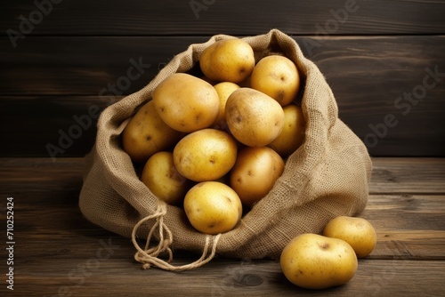 Fresh potatoes stored in an old sack on a wooden background with space for text Top view