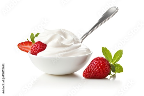 Fresh strawberry on top of plain yogurt isolated on white background