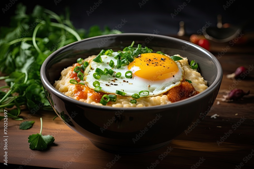 Fried egg with cheddar on savory oatmeal selectively focused