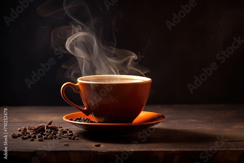 Freshly brewed black tea steam warm light dark background
