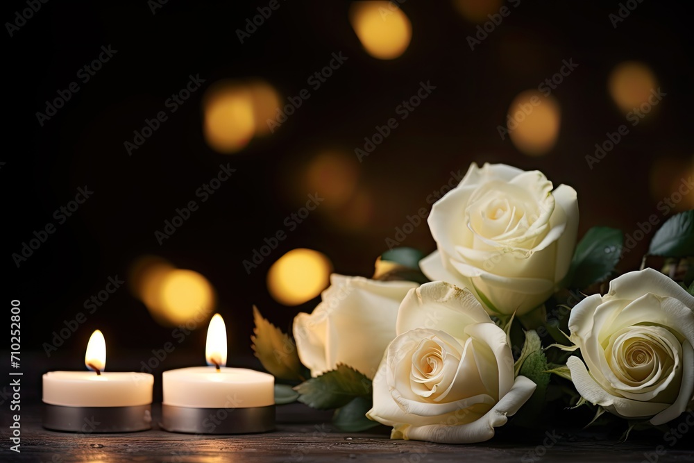 Funeral symbol table with dimly lit candles and white rose Funeral symbol table with dimly lit candles and white rose