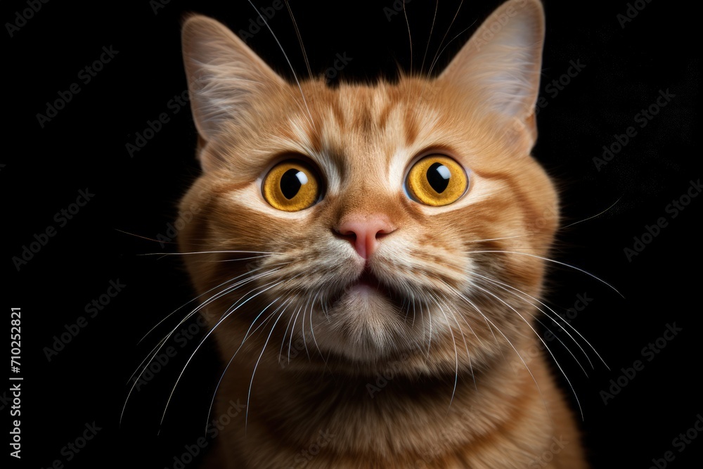 Funny portrait of happy ginger cat with open mouth and big eyes on black background Funny portrait of happy ginger cat with open mouth and big eyes on black background