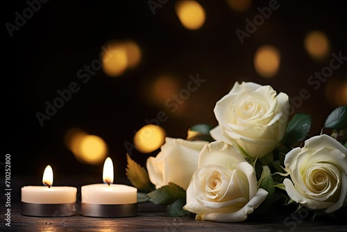 Funeral symbol table with dimly lit candles and white rose