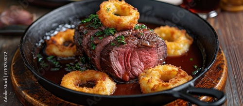 Roast beef with onion rings and Swiss rosti, served in a skillet with brown sauce. photo