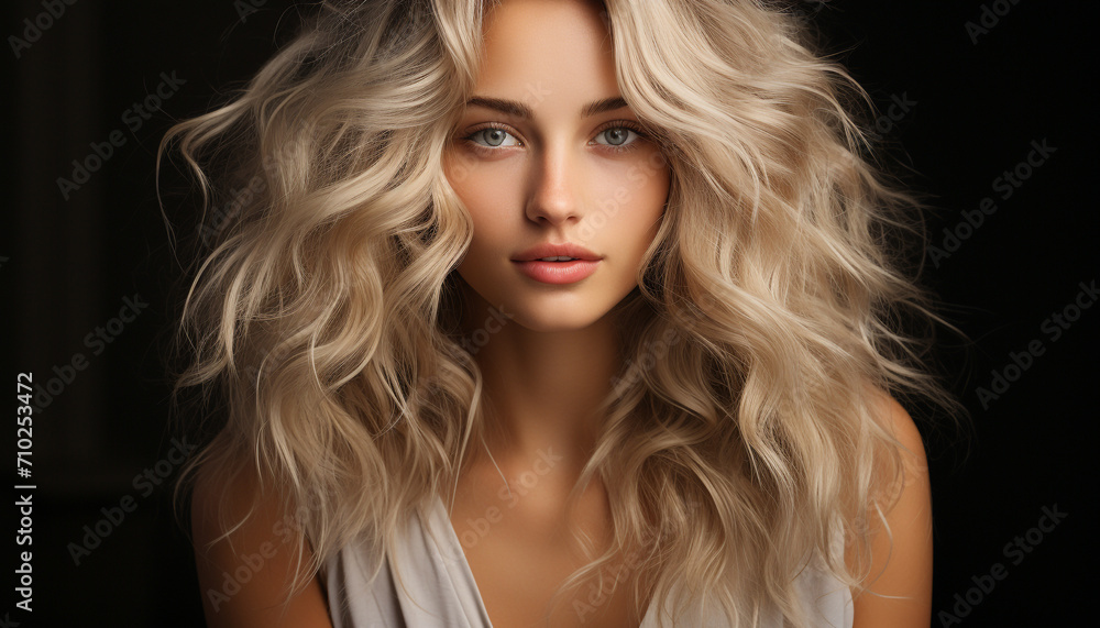 Blond haired woman exudes sensuality and elegance in fashion portrait generated by AI Blond haired woman exudes sensuality and elegance in fashion portrait generated by AI