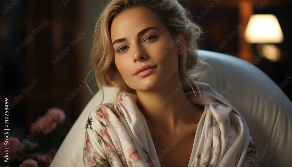 Beautiful Caucasian woman with long blond hair, looking at camera generated by AI