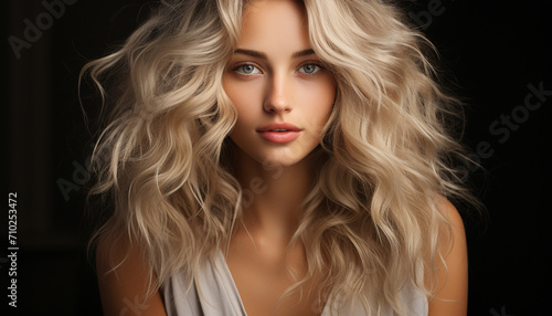 Blond haired woman exudes sensuality and elegance in fashion portrait generated by AI