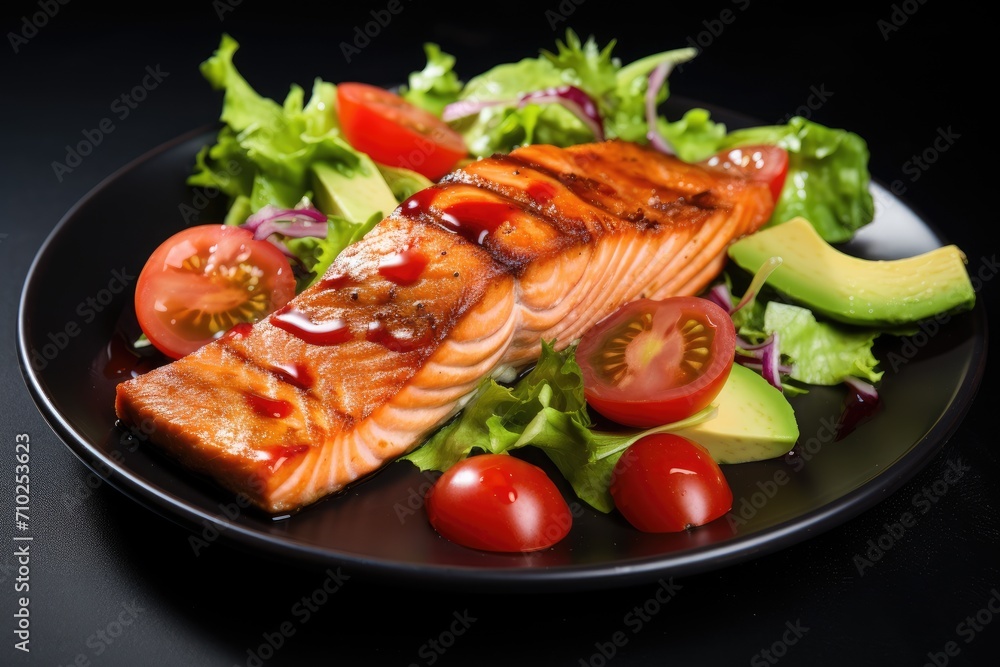 Grilled salmon fillet with fresh lettuce salad and avocado guacamole Grilled salmon fillet with fresh lettuce salad and avocado guacamole