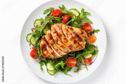 Grilled chicken breast fried chicken fillet and fresh vegetable salad of tomatoes cucumbers and arugula leaves presented on a white background