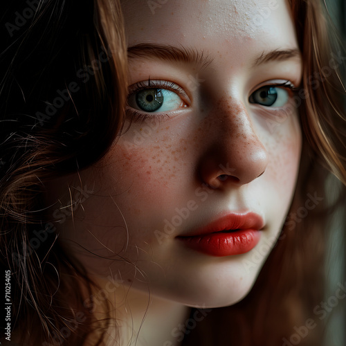 Beautiful girl with blue and plump lips. Close-up photo of a girl with blue eyes. Pretty Girl