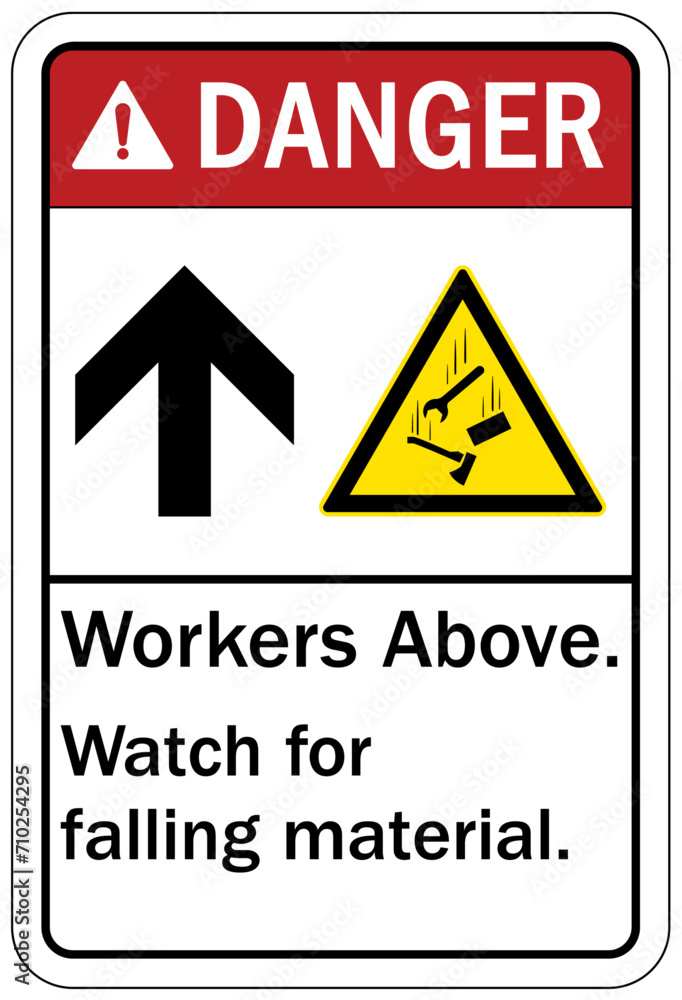 Fototapeta premium Falling material warning sign and labels worker above