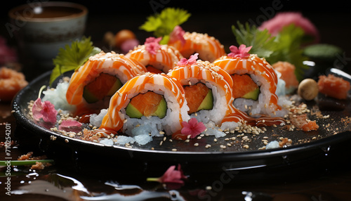Freshness and cultures on a plate seafood, sushi, vegetables, rice generated by AI