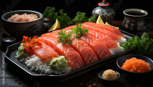 Freshness of seafood, sashimi on rice, gourmet meal, Japanese culture generated by AI