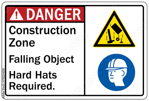 Falling material warning sign and labels construction zone, falling object, hard hats required