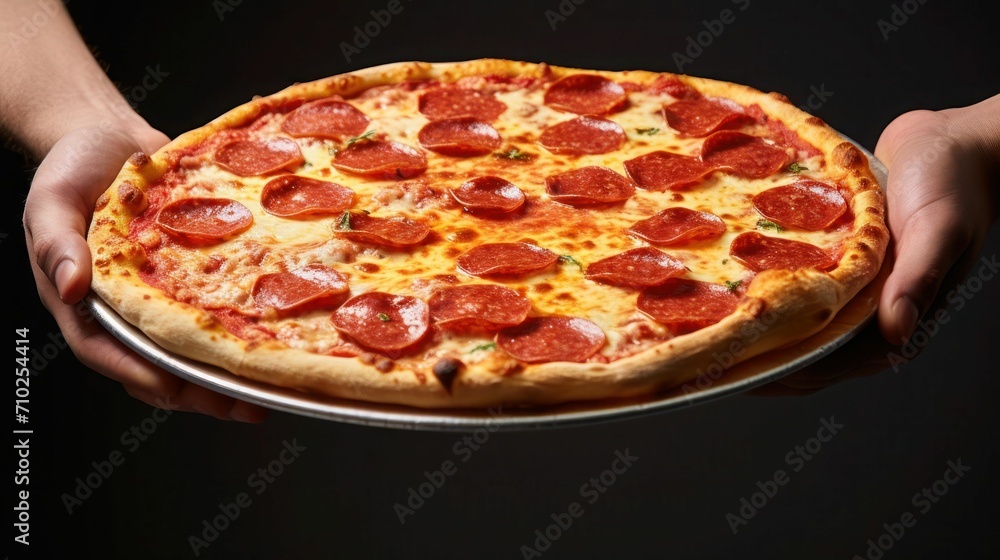 a person holding a pizza with pepperoni and cheese