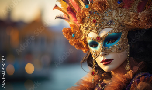 Sunset Glow on Venetian Masked Woman by Canal © Maris