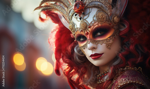 Majestic Woman in Intricate Venetian Mask and Headdress