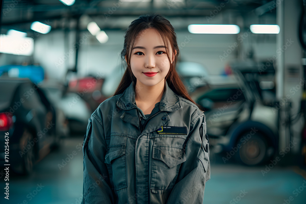 Smart female mechanic on the background of a garage with cars. Beautiful woman mechanic repairs cars. The work of mechanical engineering