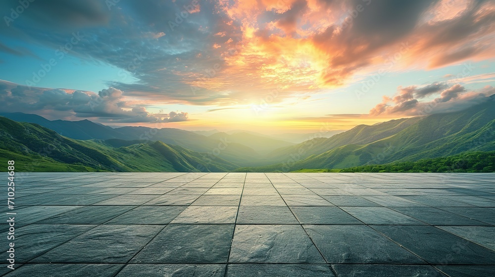 Fototapeta Empty square floor and green mountain with sky clouds at sunset. Panoramic view