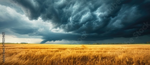 Clouds moving over wheat field, stormy sky with visible rain and tornado in summer village. photo